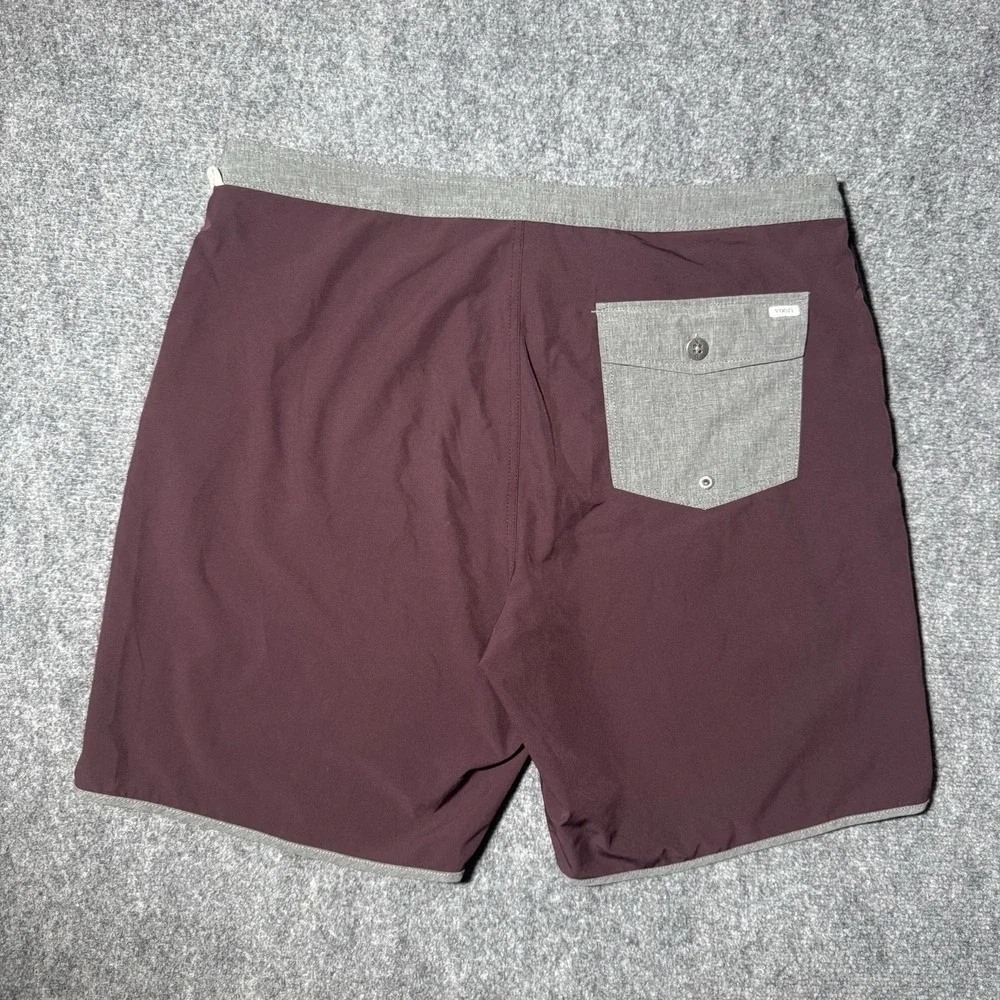 Vuori Peak Board Short Burgundy Red Gray Unlined Drawstring Swim Shorts Men 36x8